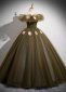Deep Green Gorgeous Off Shoulder White Rose Applique Tulle Formal Dress 1