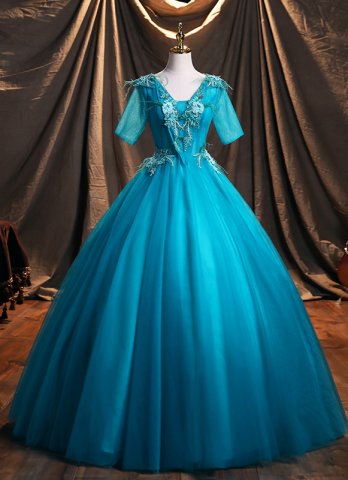빈티지 블루 얇은 명주 그물 짧은 소매 아플리케 댄스 파티 드레스 2022 볼 가운 여성 Quinceanera 드레스