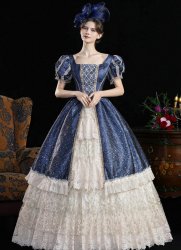 Women Dark Blue Lace Ruffled Short Sleeve Southern Belle Masquerade Dress