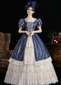 Women Dark Blue Lace Ruffled Short Sleeve Southern Belle Masquerade Dress