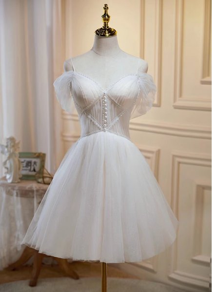 Ivory Tulle Straps Pleats Homecoming Dress Dama Dresses for Quinceanera