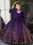 Girls Gradient Sequin V-neck Long Sleeved Performance Party Dress