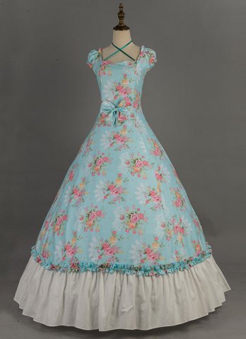 블루 플로랄 프린트 빅토리아 남부 벨 공주 멋진 프레리 드레스 남북 전쟁 가운