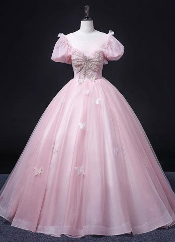 Princess Pink Puff Sleeves Long Graduation Dress