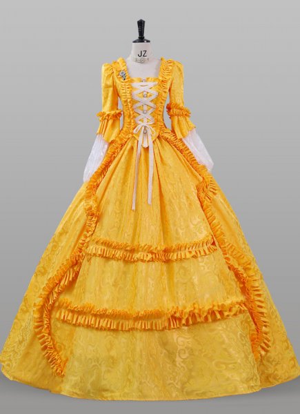 Yellow Jacquard Floral Fair Marie Antoinette Renaissance Colonial Lady Princess Victtorian Ball Gown Dress Theater Costume