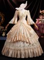 Graceful Vintage Champagne Masked Ball Prom Dress Gold Appliques Long Victorian Formal Dress