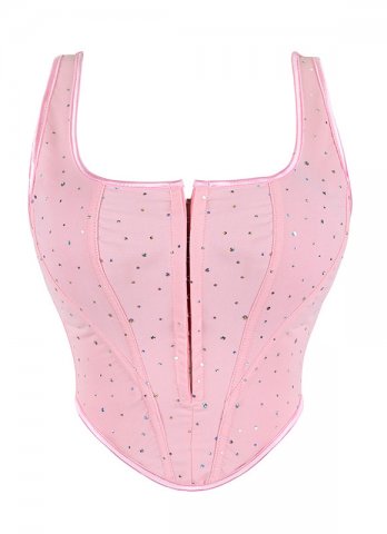 Fashion Pink Sequins Overbust Corset Vest with Front Zipper