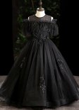 Children Black Applique Feather Tulle Funeral Halloween Party Dress