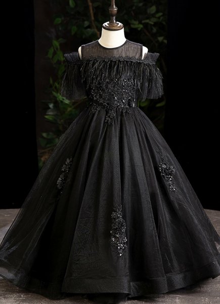 Children Black Applique Feather Tulle Funeral Halloween Party Dress