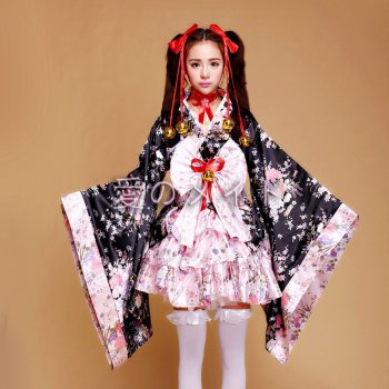 Wholesale Sakura Women's Cosplay Japanese Kimono Cute Girls Oriental Cherry Printed Lolita Maid Dresses