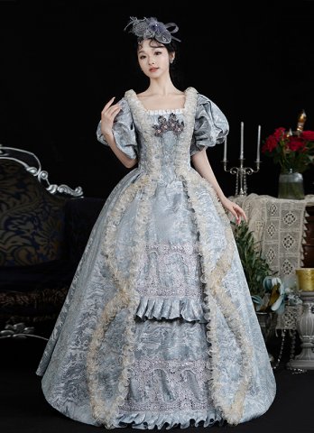 Vintage Blue Jacquard Lace Puff Sleeves Ball Gown Masquerade Party Dress