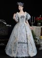 Vintage Blue Jacquard Lace Puff Sleeves Ball Gown Masquerade Party Dress