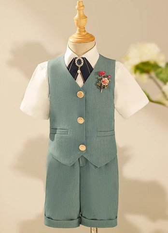 3pcs Sage Green Boys Beach Wedding Vest Shorts Formal Suits