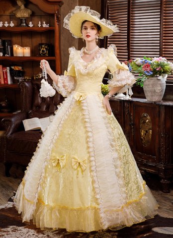 Rococo Champagne Long Flare Sleeves Lace Brocade Prom Dress Victorian Clothing Costume