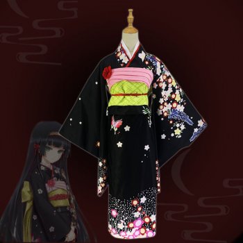 Black Floral Printed Anime Yukata Cosplay Kimono Dress for Women