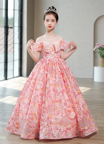 Little Girls Pink Sequin Off Shoulder Party Formal Dress
