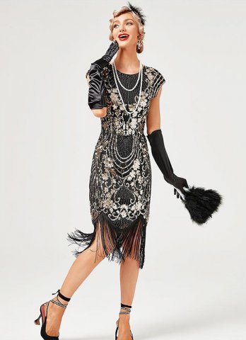 Women's Flapper Dresses 1920s Sequin Fringed Paisley Great Gatsby Dress