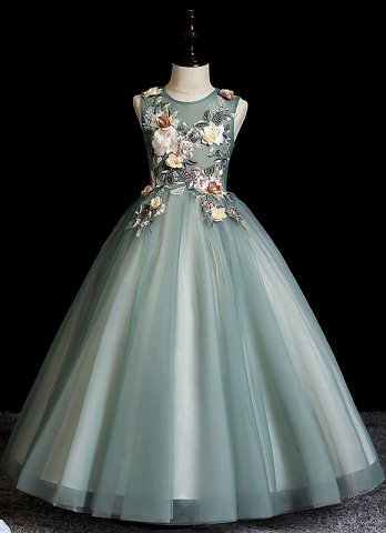 Little Girls Sleeveless Embroidery Applique Tulle Graduation Dresses