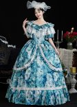 Blue Floral Jacquard Southern Bell Off the Shoulder Masquerade Ball Gown