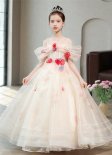 Flower Girls Cold Shoulder Sleeve Applique Flower Tulle Party Formal Dress