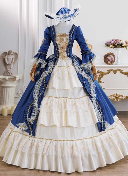 Victorian Royal Blue Rococo Ball Gown Gold Embroidered Long Lace Sleeve Floor Length Formal Princess Dress Theater Costume