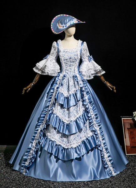 Elegant Retro Rococo Blue Masked Prom Ball Gown Half Sleeves Lace Southern Belle Party Dress Includes Hat