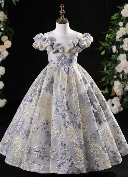 Vintage Jacquard Children Ruffle Shoulder Masquerades Christmas Party Dress