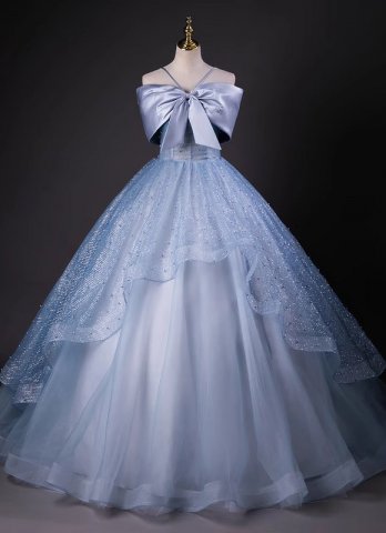 Blue Spaghetti Straps Shiny Evening Dress