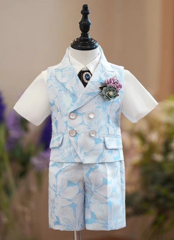 Kids Boys Formal Jacquard 5 Piece Suit Wedding Summer Party Waistcoat Set with Short