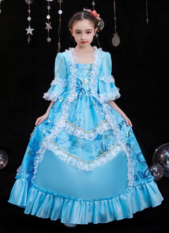 Children Baroque Masquerade Blue Ball Gown Girls Festival Carnival Dress