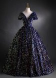 Deep V-neck Blue Sequin Velvet Evening Dress