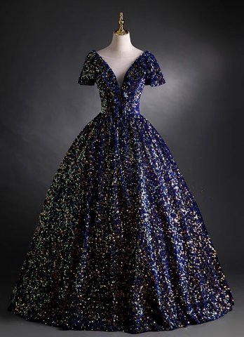 Deep V-neck Blue Sequin Velvet Evening Dress