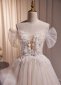 Champagne Tulle Sequins Pearls Off the Shoulder Wedding Dress 04