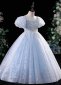 Children Blue Puff Sleeve Sequin Formal Dress