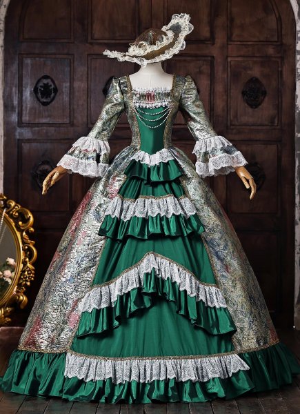 Vintage Green Floral Jacquard Brocade Victorian Dress Lace Long Sleeve Floor Length Masquerade Costume