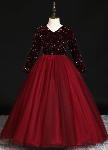 Girls New Year's Celebrations Long Sleeve Party Sequin Tulle Formal Dresses