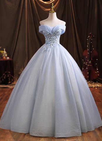 섹시한 블루 오프 숄더 스팽글 아플리케 이브닝 댄스 파티 드레스 볼 가운 여성 quinceanera 드레스