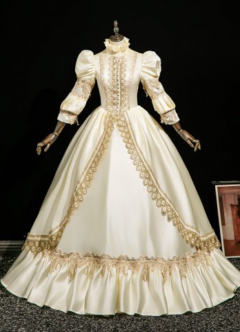 Elegant Medieval Retro Champagne Ball Gown Prom Dress Lace Satin Half Sleeve Floor Length Long Formal Dress