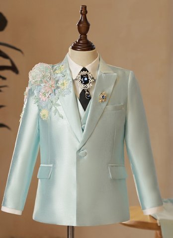 Boys Floral Embroidered Tuxedo Suit Formal Page Kids Wedding Dinner Prom Performance Communion 6 Pcs Set