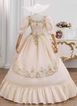 Vintage Champagne Prom Dress Gold Embroidered Lace Puff Sleeve Long Formal Wedding Dresses