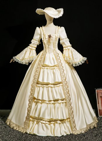 Elegant Rococo Champagne Victorian Masked Dress Bow Lace Three Quarter Sleeves Masquerade Prom Dress with Hat