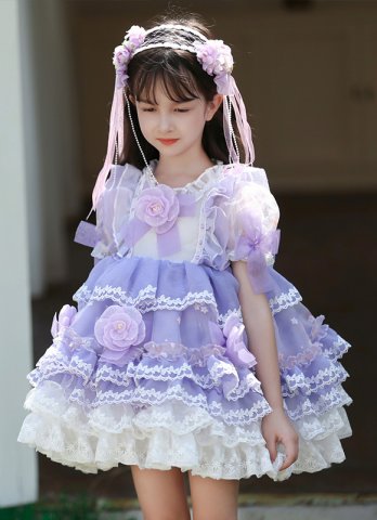 Girls Purple Flower Lace Lolita Party Mini Dress