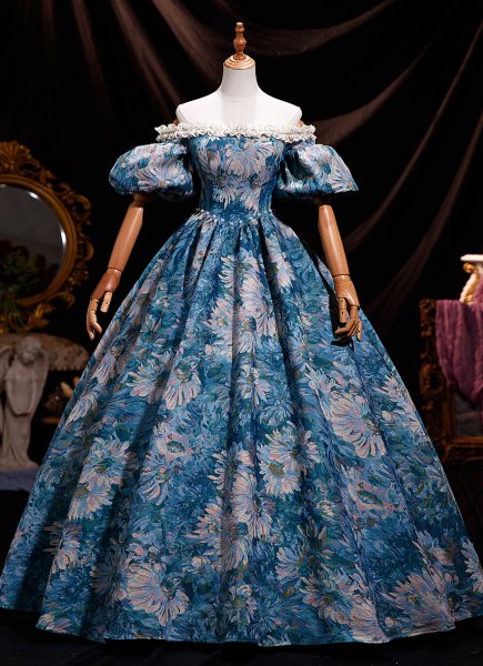 Culturedly Vintage Blue Printing Floral Prom Ball Gown Off the Shoulder Short Sleeve Floor Length Long Formal Party Dress
