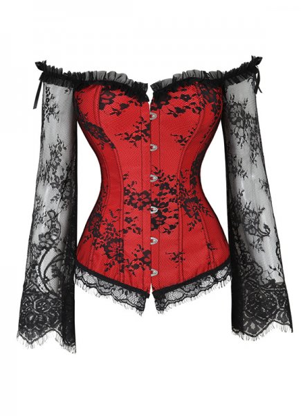 Sexy Lace Overlay Red Overbust Corset And Skirt
