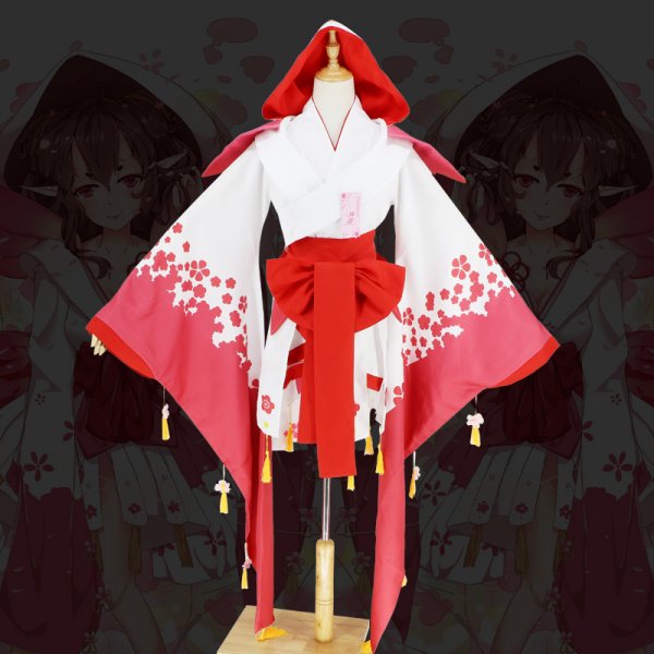 White and Pink Peach Blossom Printed Cosplay Kimono Costume