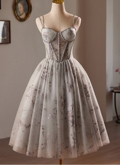 Gray Glitter Spaghetti Straps Corset Formal Dresses