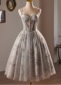 Gray Glitter Spaghetti Straps Corset Formal Dresses