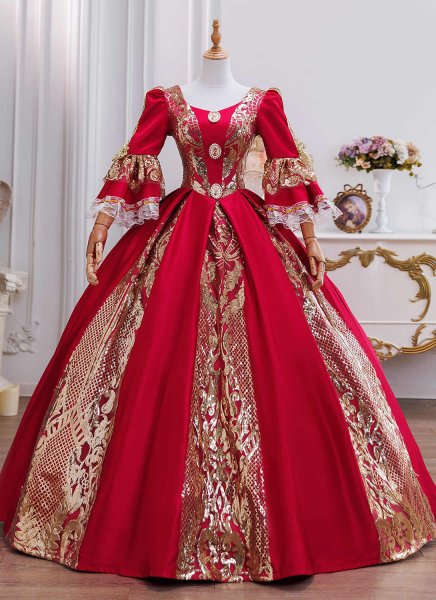 Elegant Red Masquerade Christmas Rococo Prom Dress Lace Bell Sleeves Corset Floor Length European Court Dress