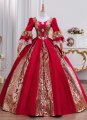 Elegant Red Masquerade Christmas Rococo Prom Dress Lace Bell Sleeves Corset Floor Length European Court Dress