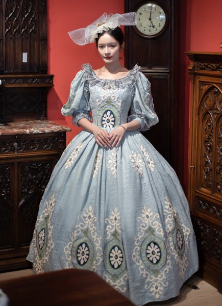 Women Baroque Jacquard Dresses Rococo Floral Blue Party Dresses